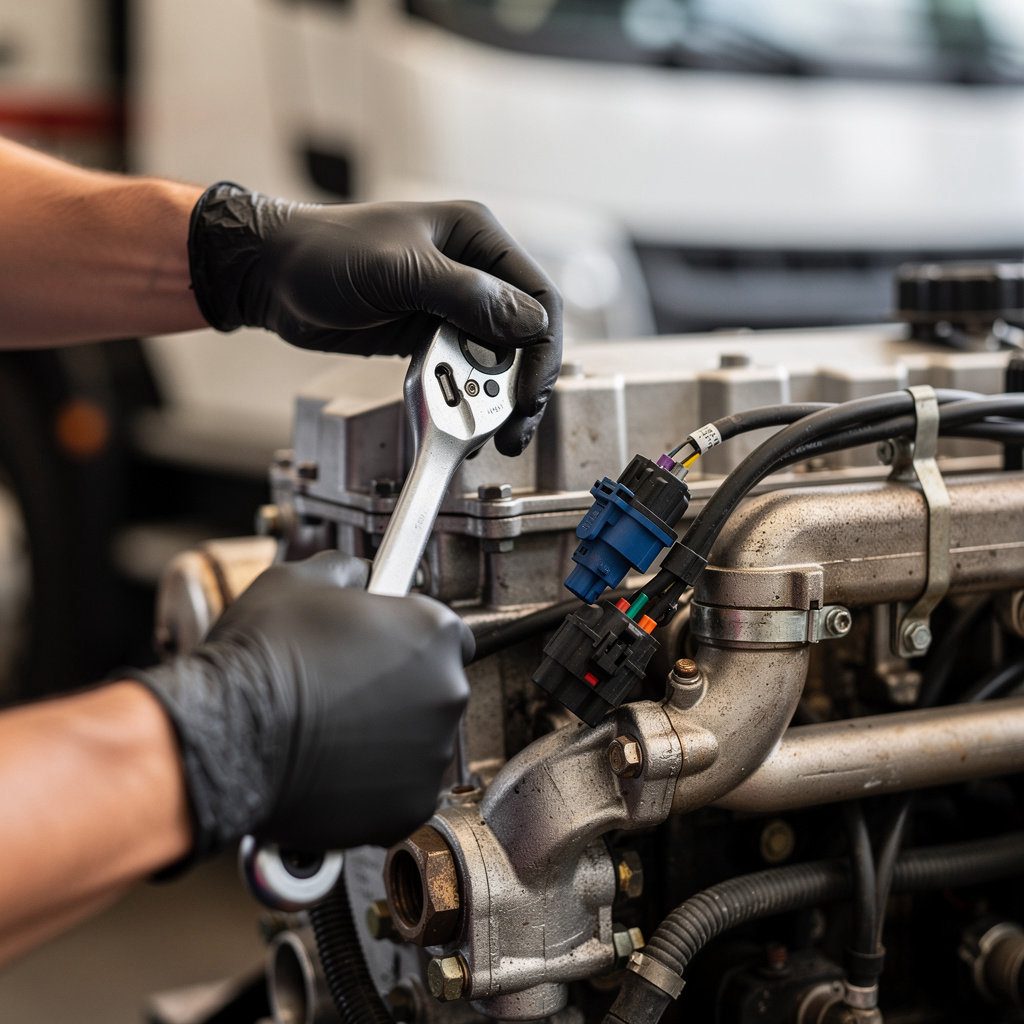 Otay Truck Repair technician servicing a Cummins diesel engine in a modern truck repair facility
