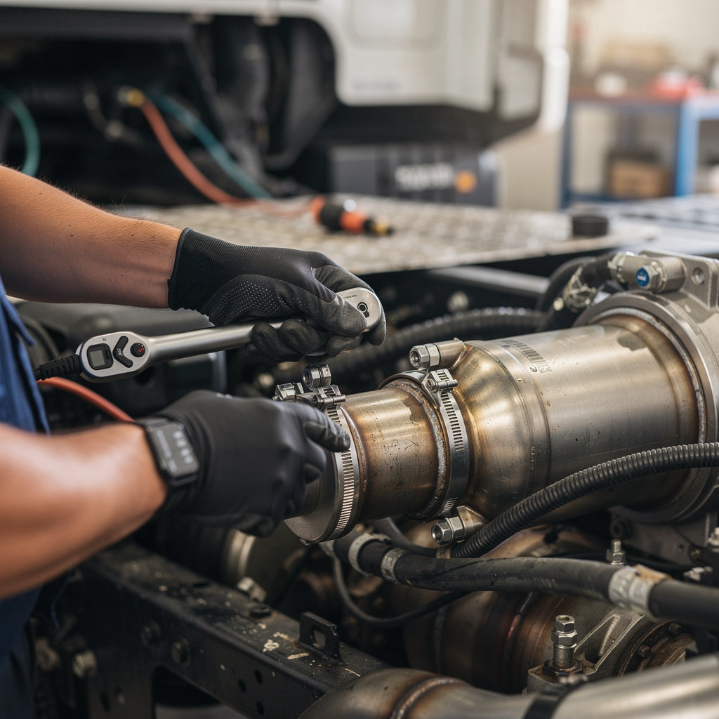 Otay Truck Repair technician performing diesel engine diagnostics and DPF system service in San Diego